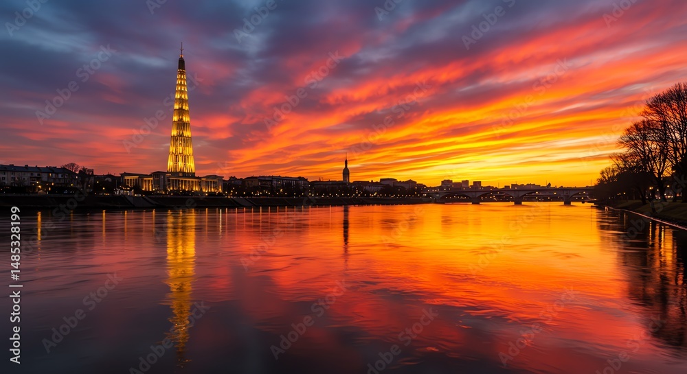 Fototapeta premium Sunset city river reflection
