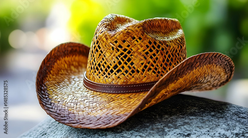 Rustic Straw Cowboy Hat Resting on Weathered Stone with Lush Green Backdrop