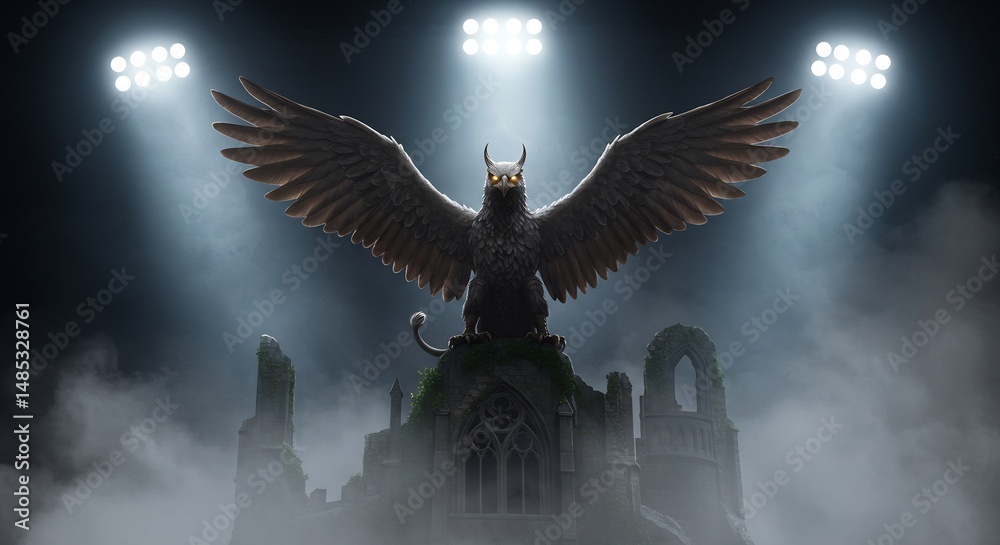 Obraz premium Majestic Gryphon Statue Perched Atop Ancient Ruins Illuminated by Stadium Lights