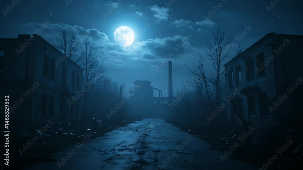 Spooky Ruined Townscape in Moonlight