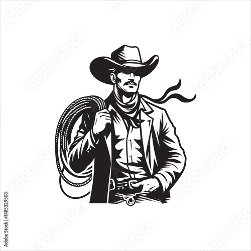 Cowboy with Lasso Standing Pose – Western Black and White Line Art