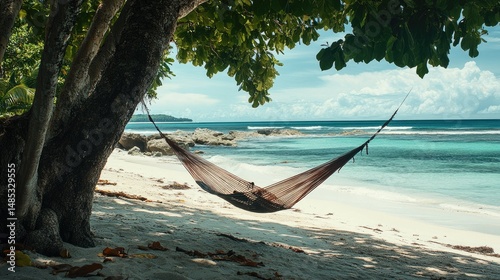 Tropical beach scene featuring a hammock suspended between two trees