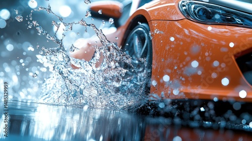 A sleek blue car emerges from water,