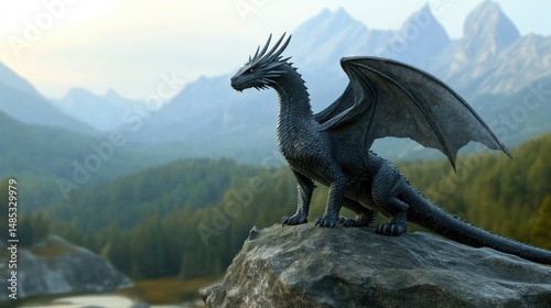 A fierce, winged dragon with sharp claws and spiky scales stands atop a rocky outcrop,