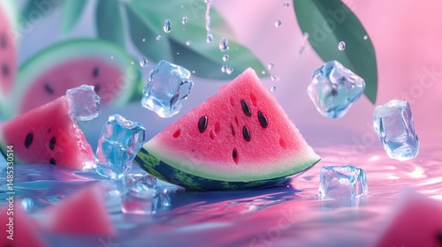 A vibrant slice of watermelon surrounded by splashes of water and ice cubes,