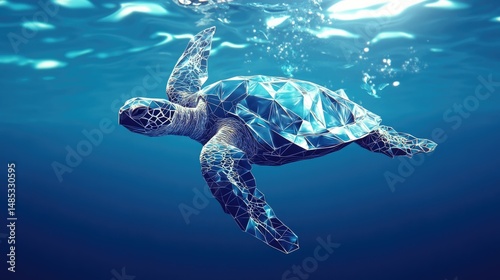 A vibrant, colorful digital illustration of a sea turtle swimming underwater against a geometric blue background.