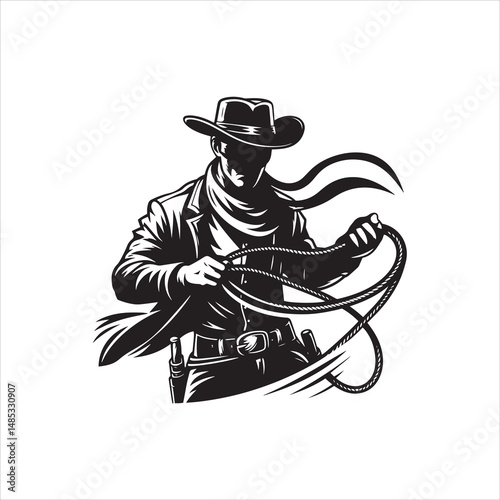 Cowboy with Lasso Standing Pose – Western Black and White Line Art