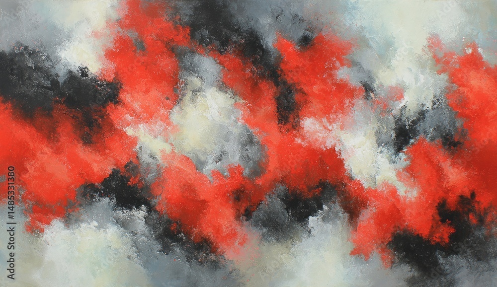 Abstract painting of vibrant red, grey, and white brushstrokes. Dynamic, textured shapes and colors blend in a powerful composition Abstract painting of vibrant red, grey, and white brushstrokes. Dynamic, textured shapes and colors blend in a powerful composition