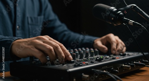 Podcaster adjusting soundboard for broadcast