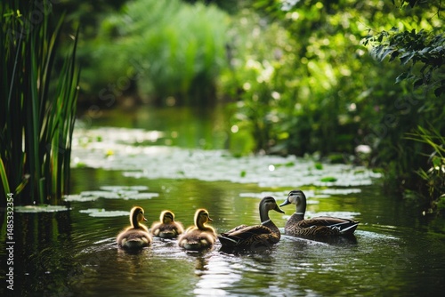 Ducks exploring lush riverside creek