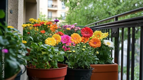 Wallpaper Mural Colorful gerbera daisies bloom in vibrant pots on a sunny balcony in springtime Torontodigital.ca