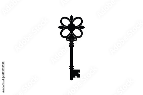 Silhouette art illustration of an old key with an ornate bow and long shaft.eps