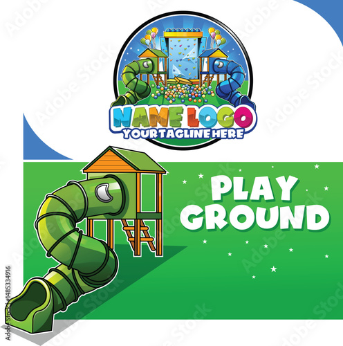 Playground labels. Playground for kids set with slide. Kids zone cartoon inscription. Playground with tunnel slide and kids climbing