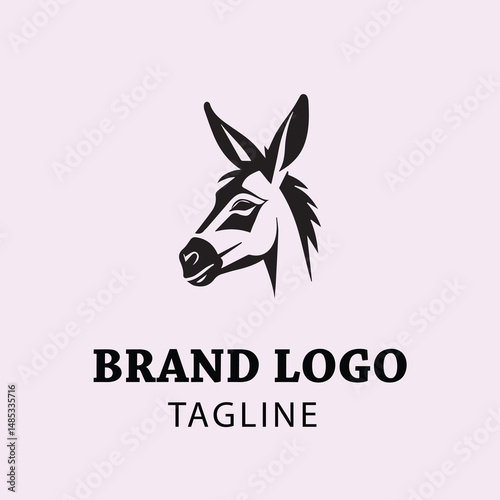 Black and white stylized donkey head logo in profile view. Simple, minimalist design for a company brand. Animal print, company logo, and branding elements.