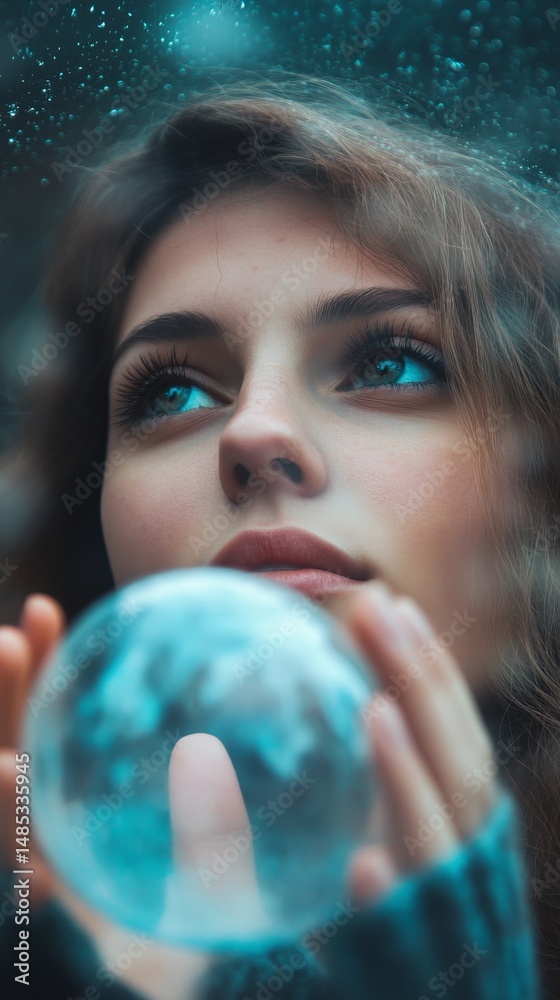 Naklejka premium Woman gazing into a crystal ball with a dreamy expression.