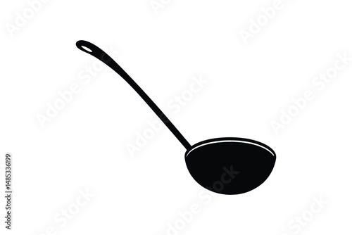 Silhouette art illustration of a metal ladle with round bowl and long handle.eps