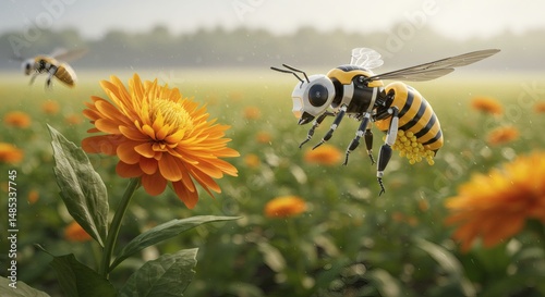 Robotic bee pollination concept art in flower field landscape for honey production and nature preservation