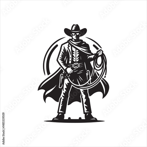 Cowboy with Lasso Standing Pose – Western Black and White Line Art