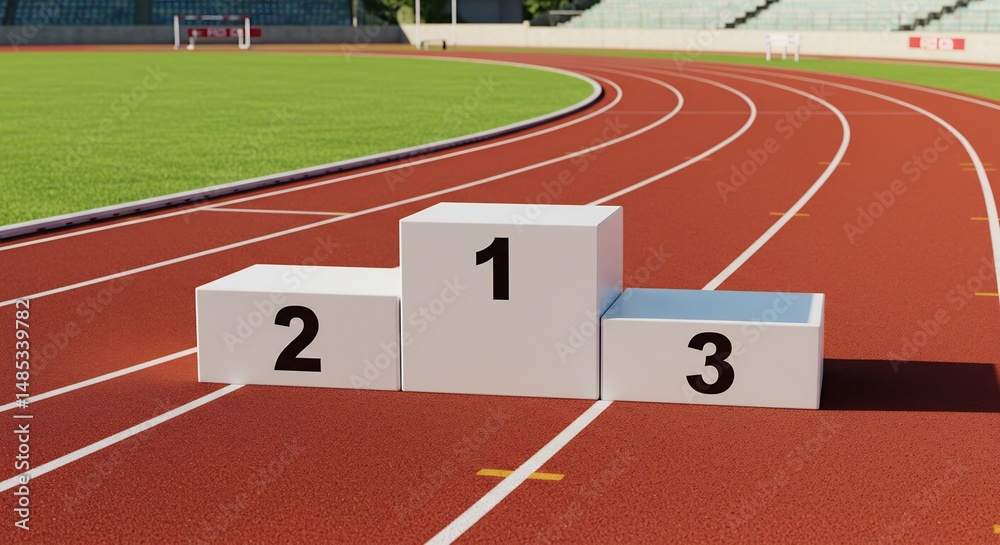 Fototapeta premium Winners Podium on Running Track in Stadium: First, Second and Third Place, Sports Competition, Athletics Championship