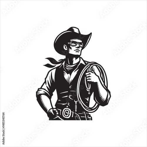 Cowboy with Lasso Standing Pose – Western Black and White Line Art