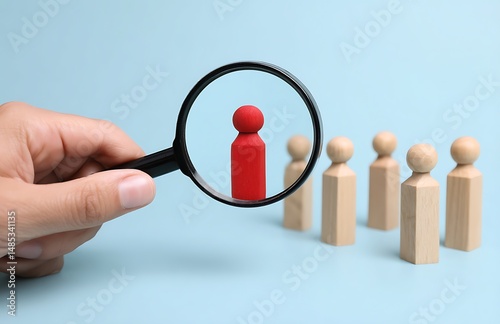 Magnifying Glass Focusing on Red Figurine Among Wooden People Recruitment Talent Search