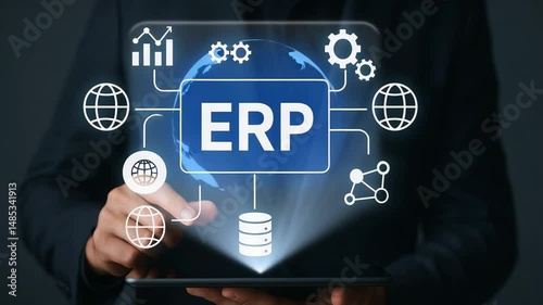 A person interacting with an ERP system interface showcasing data and connectivity.