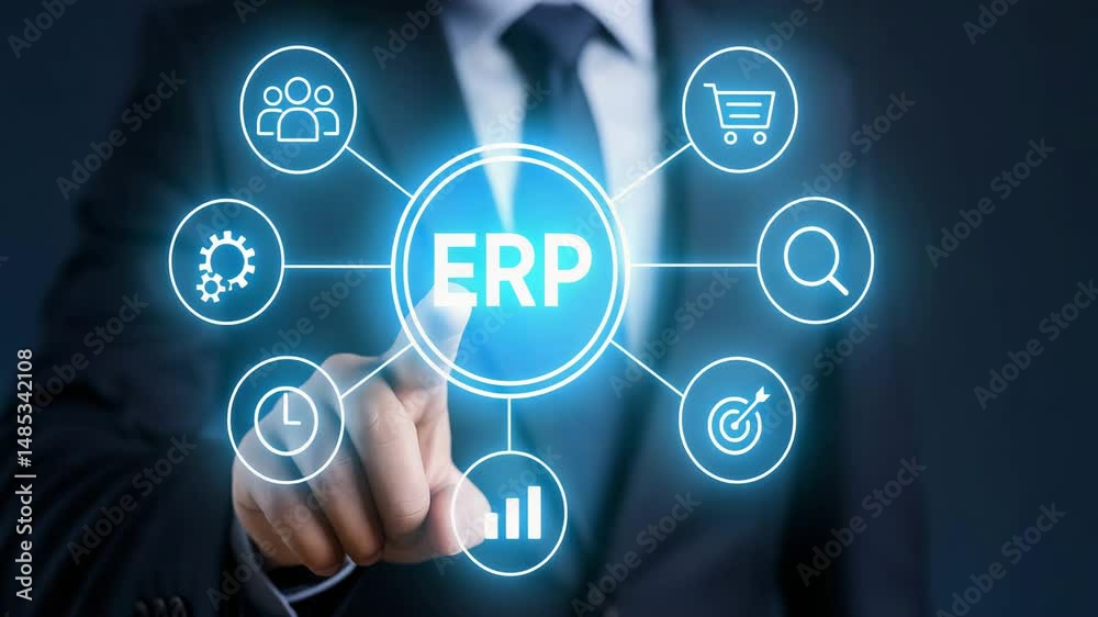 Business professional interacting with ERP software interface for better management.