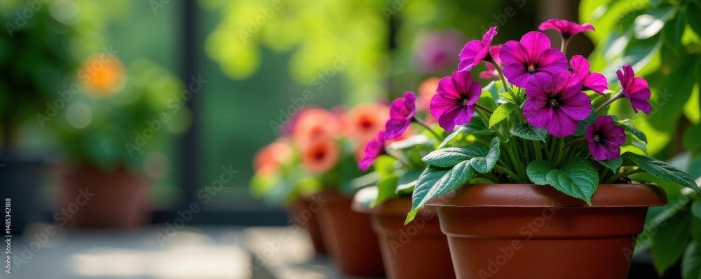 Fototapeta premium Trailing purple calibrachoa overflowing terracotta pot, closeup, plant pot
