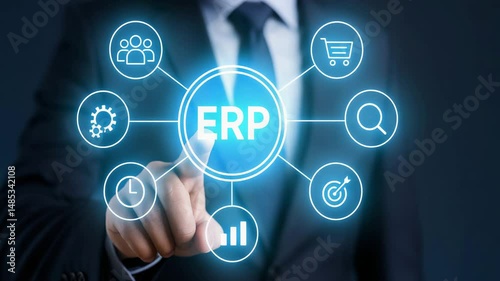 Business professional interacting with ERP software interface for better management.