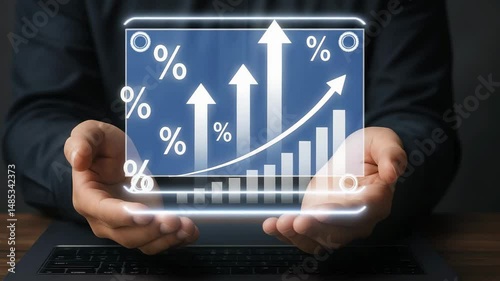 Hands presenting a digital graph with upward trends and growth percentages.