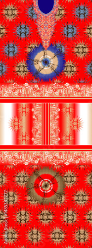 Fiery Red & Blue Mandala Panel – Ornate Neckline Textile Print for Kurta Designs & Bold Fashion Crafts. ideal for kurta shirts, tunics, ethnic dresses, scarves, and more.