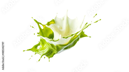 Matcha green tea mixed with milk splashing isolated on transparent background