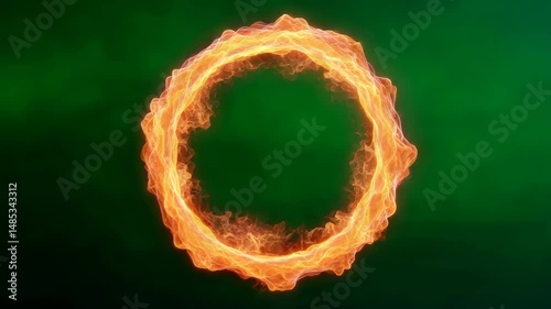 Vibrant Circular Animation of Fiery Flames Against a Deep Green Background