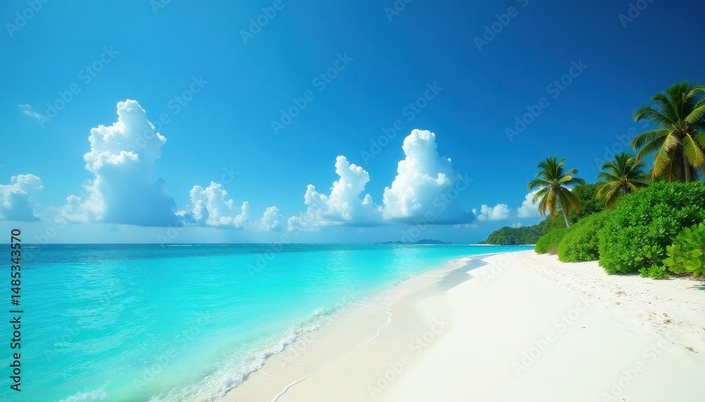 Fototapeta premium Turquoise sea, bright blue sky, Funadhoo Island's pristine beach , Funadhoo, coral