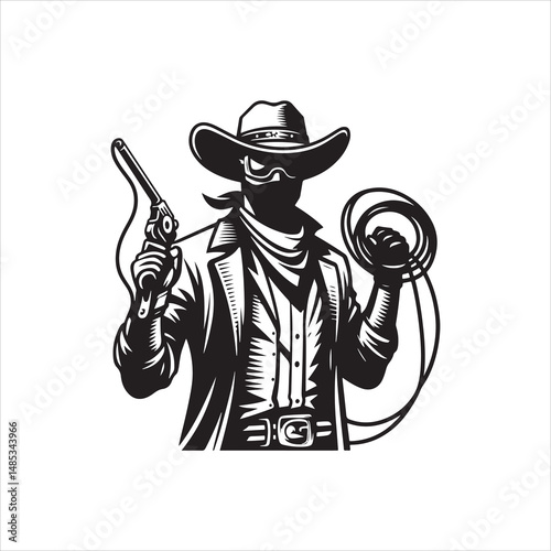 Cowboy with Lasso Standing Pose – Western Black and White Line Art