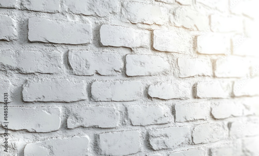 Fototapeta premium Close-up view of a white painted brick wall with textured surface and sunlight casting soft shadows