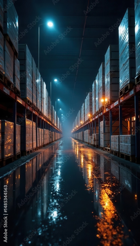 Fototapeta premium Twilight warehouse loading; wet boxes reflect lights, steel, dock