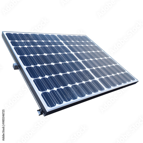 Tilted solar panel, showing its gridded dark blue surface against a dark background.  Its metallic frame is visible.