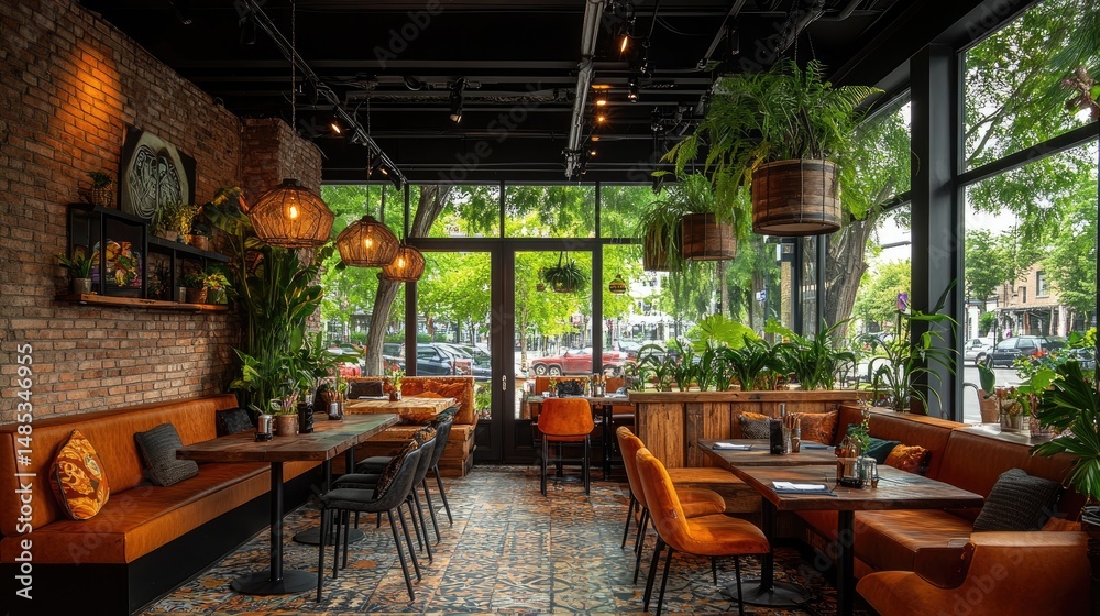 Fototapeta premium Cozy and inviting restaurant interior featuring lush greenery, warm lighting, and stylish decor for an enjoyable dining experience