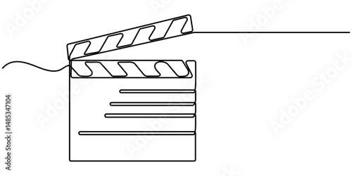 film clapper continuous one line drawing, Clapper board and film reel continuous one line drawing. Filmstrip linear element. Movie scene episode production concept. Vector illustration isolated on. 