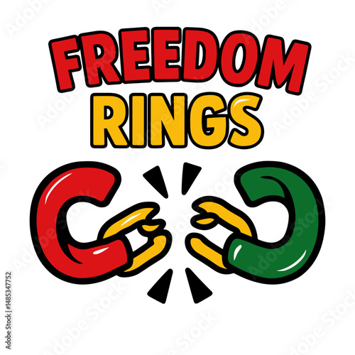Broken chains in Pan-African colors with Freedom Rings text