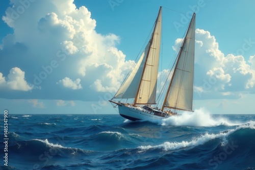 Two masts straining under powerful headwind, spray flying , sea, rough sea, mast