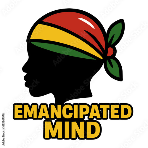 Head silhouette with headwrap and Emancipated Mind text