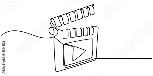 film clapper continuous one line drawing, Clapper board and film reel continuous one line drawing. Filmstrip linear element. Movie scene episode production concept. Vector illustration isolated on. 