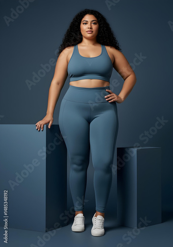Confident Plus size Woman in Blue Sportswear, Activewear
