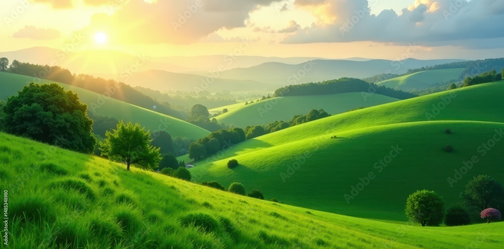 Fototapeta premium Undulating green hills, sun-drenched valleys, distant trees, picturesque, perspective