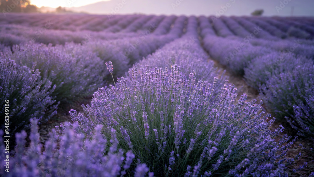 Obraz premium Beautiful field of blooming lavender plants under the soft light of the early morning