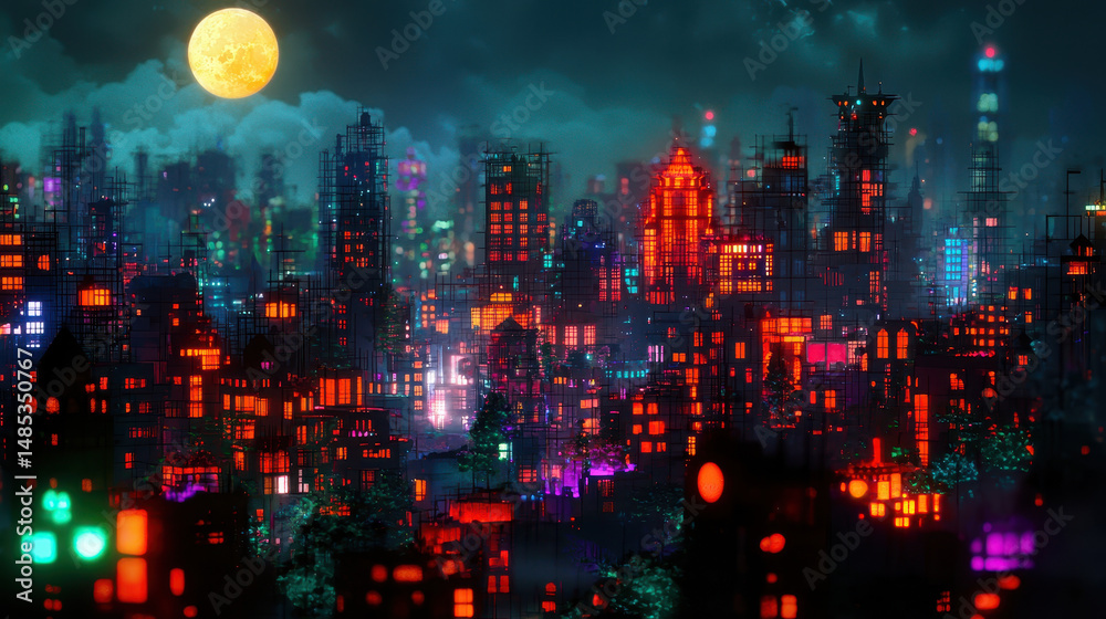 Obraz premium Vibrant cityscape night featuring colorful buildings illuminated by neon lights full moon, creating magical atmosphere