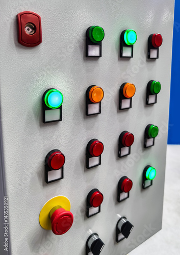 Control panel with colored buttons and indicators used for machinery operation in a workshop
