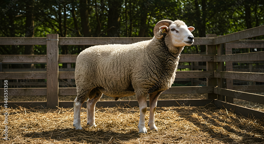 Obraz premium Ram Standing in Pen with Horns and Wool Fleece